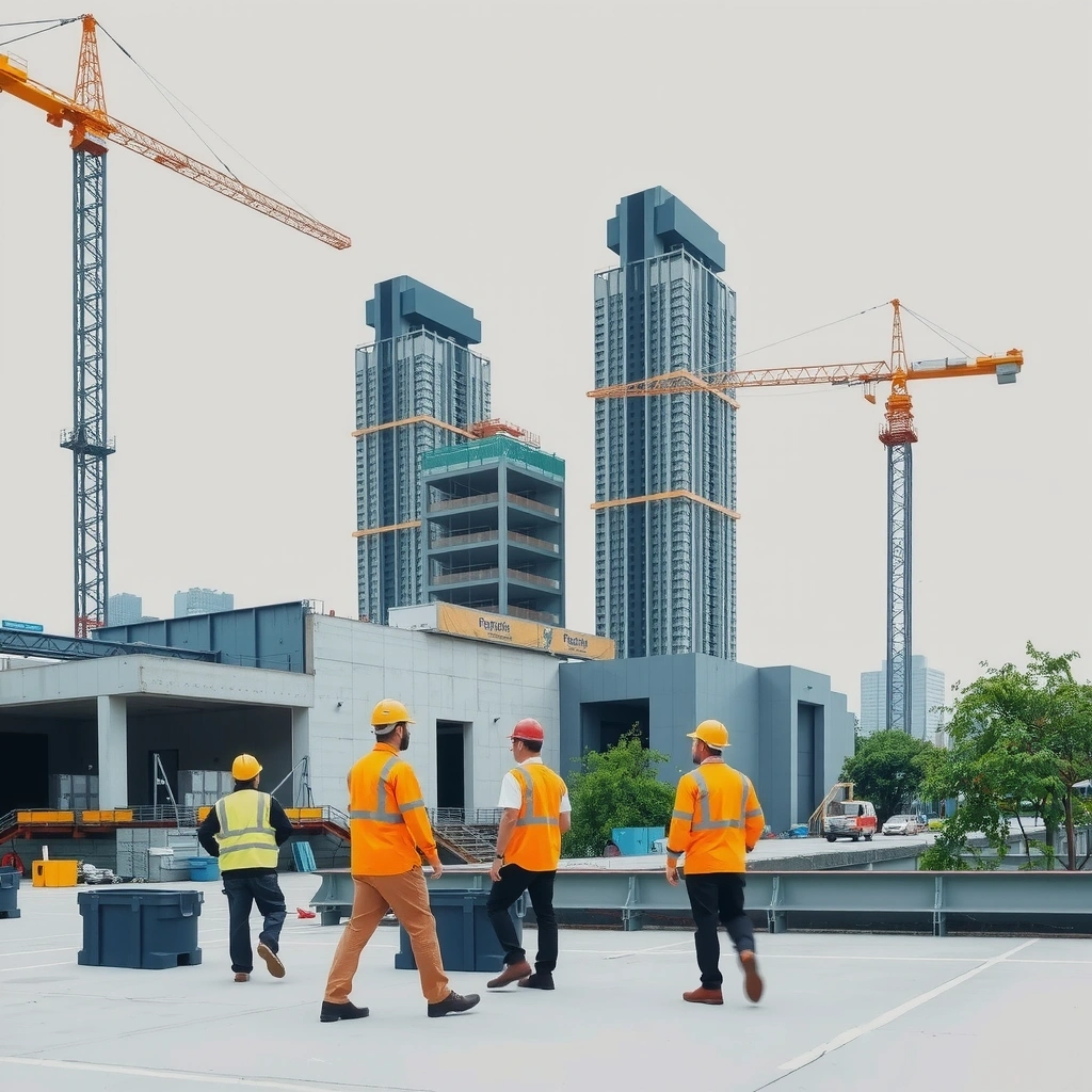 Modern construction site with cranes and buildings